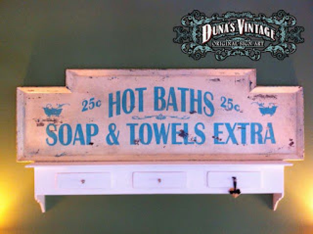 Cartel de madera HOT BATHS, Soap &#038; Towels Extra.