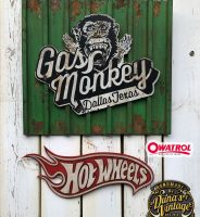 Mini Carteles de Madera Gas Monkey & Hot Wheels.