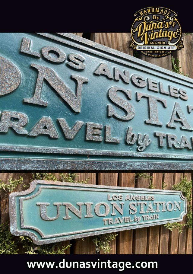 Cartel de Madera  Efecto Cobre Envejecido, UNION STATION LOS ANGELES.