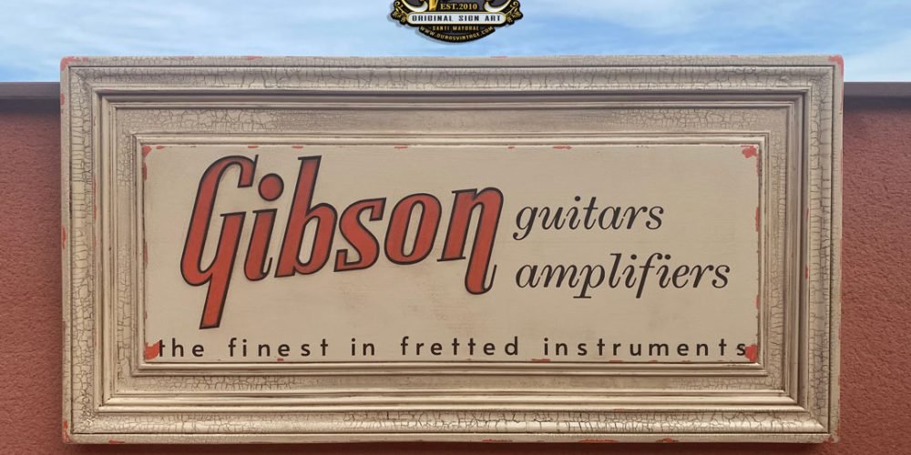 Cartel de Madera Gibson guitars amplifiers.