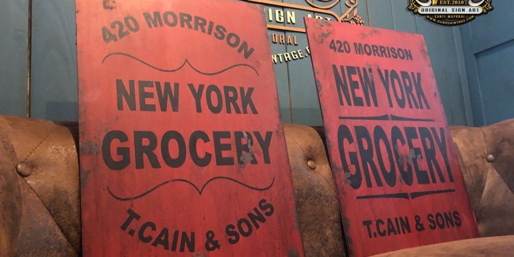 Carteles de Madera NEW YORK GROCERY T.Cain & Sons
