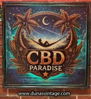 Cartel CBD Paradise con acabado retro vintage y efecto envejecido.