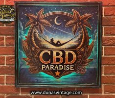 Cartel CBD Paradise con acabado retro vintage y efecto envejecido.