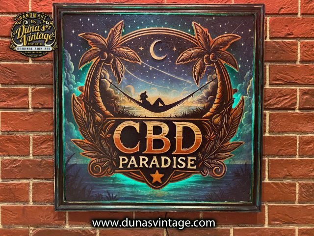 Cartel CBD Paradise con acabado retro vintage y efecto envejecido.