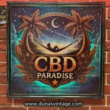 Cartel CBD Paradise con acabado retro vintage y efecto envejecido.