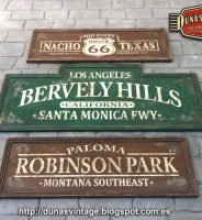Carteles Bervely Hills, Route 66, Robinson Park. Duna´s Vintage. (Cantabria)