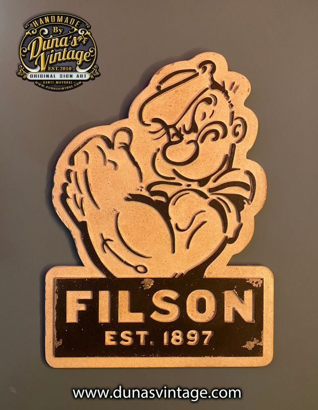 Placa de madera con relieve, FILSON Est. 1897 Popeye.