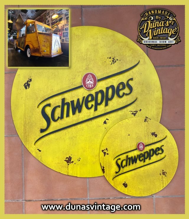 Carteles de Madera efecto Óxido Schweppes.