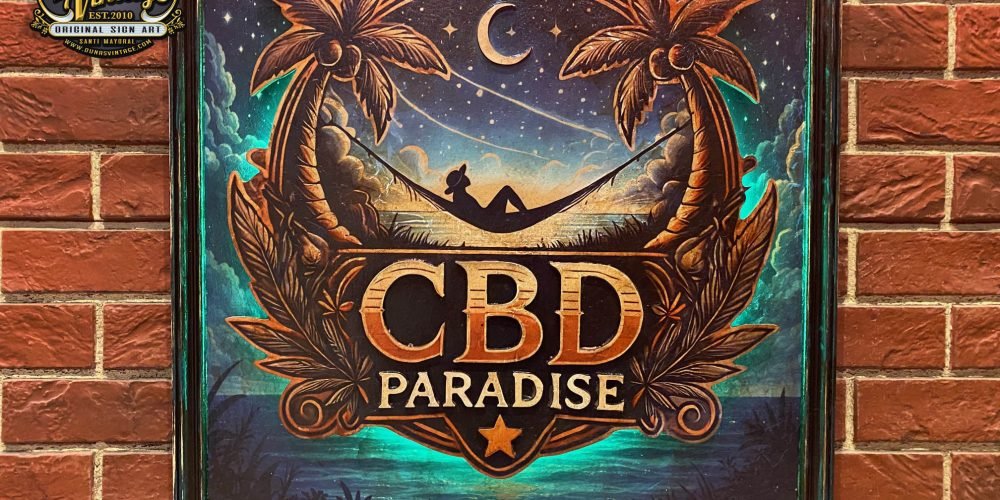 Cartel CBD Paradise con acabado retro vintage y efecto envejecido.