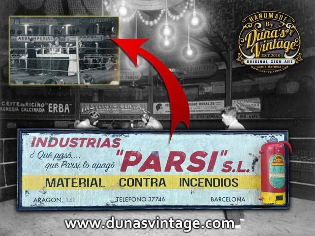 Cartel de Madera INDUSTRIAS «PARSI» S.L. para el GRAN PRICE de Barcelona.