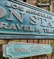 Cartel de Madera  Efecto Cobre Envejecido, UNION STATION LOS ANGELES.
